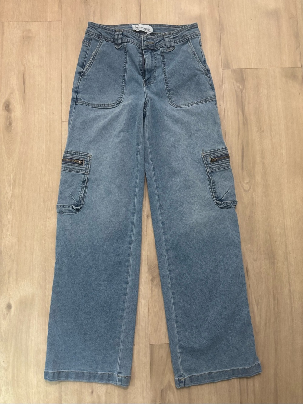 Wide Leg Zip Cargo Jeans - Light Blue